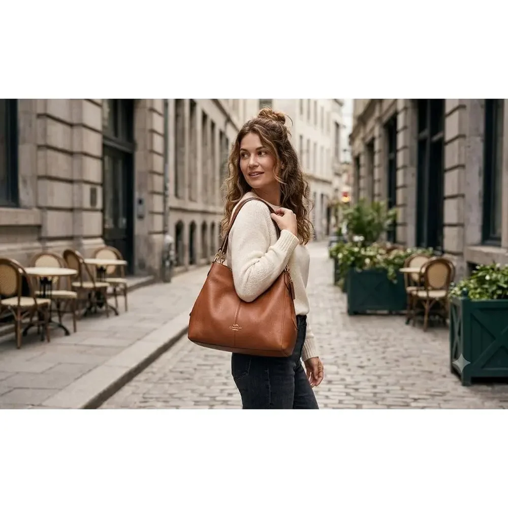Coach Madison Phoebe Leather Shoulder Bag Pebbled Brown 3 Compartments